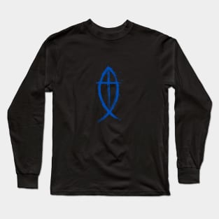 Cross And Fish Christian Design - Blue Edition Long Sleeve T-Shirt